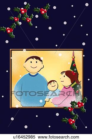Stock Illustration - Painting of happy family in Christmas, Illustration. Fotosearch