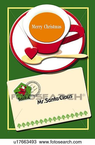 Painting of letter to Santa Claus and cup oftea, Illustration View Large Illustration Drawing - Painting of letter to Santa Claus and cup oftea, Illustration. Fotosearch