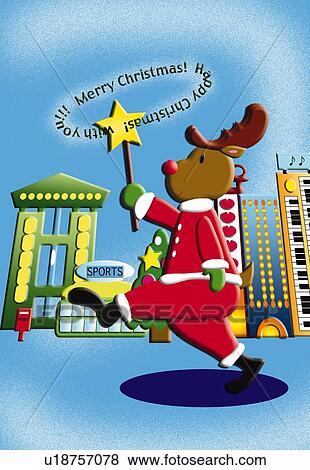 Stock Illustration - Painting of reindeer walking down the street wearing Santa Claus costume, Illustration. Fotosearch