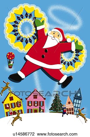 Drawing - Painting of Santa Claus and reindeers in town, Illustration. Fotosearch