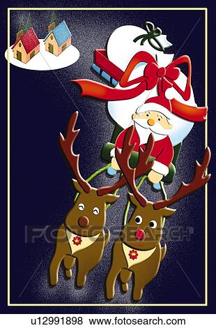 Painting of Santa Claus and reindeers flying above town, Illustration View Large Illustration Stock Illustration - Painting of Santa Claus and reindeers flying above town, Illustration. Fotosearch