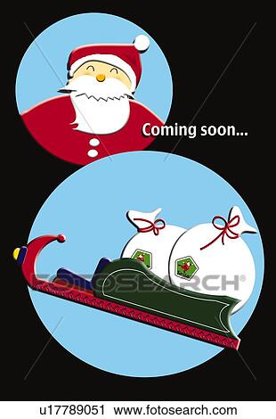 Clip Art - Painting of Santa Claus and white sacks on sledge, Illustration. Fotosearch