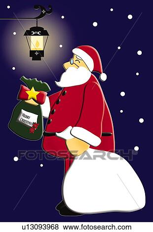 Stock Illustration - Painting of Santa Claus delivering Christmas present, Illustration. Fotosearch