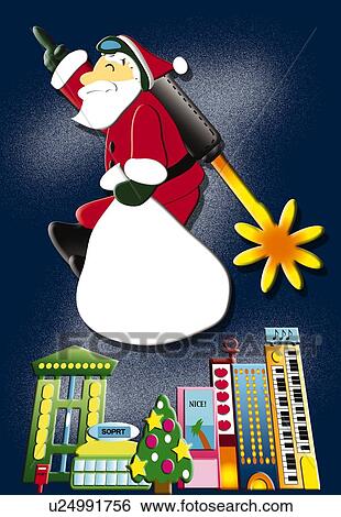 Painting of Santa Claus flying with Rocket, Illustration View Large Illustration Stock Illustration - Painting of Santa Claus flying with Rocket, Illustration. Fotosearch