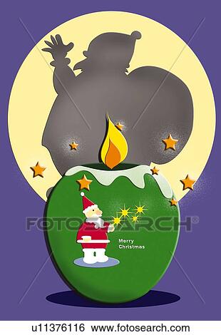 Stock Illustration - Painting of Santa Claus in silhouette and apple shaped candle, Illustration. Fotosearch