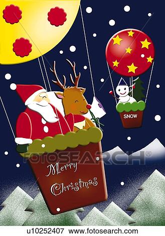 Stock Illustration - Painting of Santa Claus on flying balloons with friends, Illustration. Fotosearch