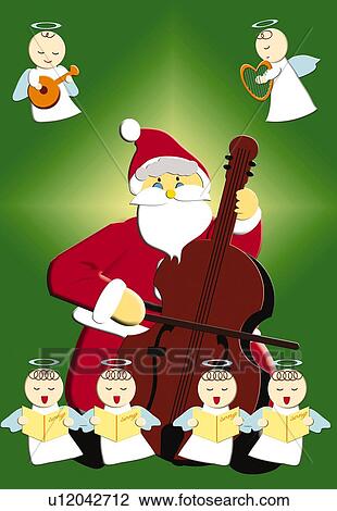 Drawing - Painting of Santa Claus playing cello with angels singing, Illustration. Fotosearch