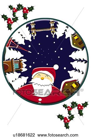 Drawing - Painting of Santa Claus smiling through window, Illustration. Fotosearch