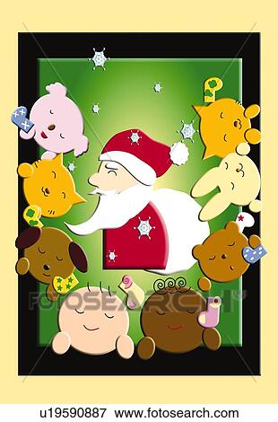 Painting of Santa Claus with children and animals, Illustration View Large Illustration Stock Illustration - Painting of Santa Claus with children and animals, Illustration. Fotosearch