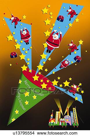 Stock Illustration - Painting of Santa Clauses popping out of Christmas cracker, Illustration. Fotosearch