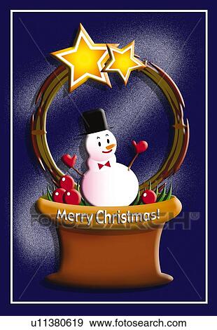 Stock Illustration - Painting of snowman with Christmas wreath, Illustration. Fotosearch