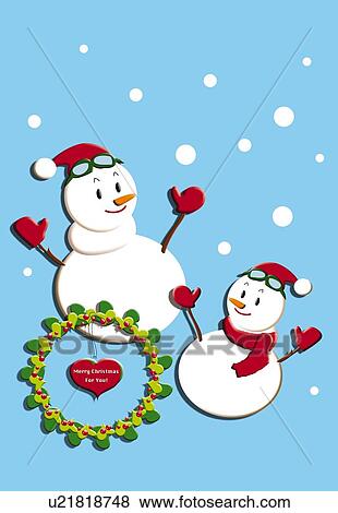 Stock Illustration - Painting of snowmen with Christmas wreath, Illustration. Fotosearch