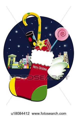 Drawing - Painting of stuffed Christmas sock and decorated town, Illustration. Fotosearch