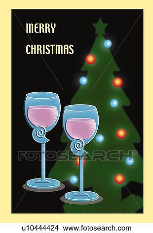 Stock Illustration - Painting of two champagne glasses and Christmas tree, Illustration. Fotosearch