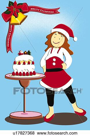 Painting of woman standing by Christmas cake, Illustration View Large Illustration Stock Illustration - Painting of woman standing by Christmas cake, Illustration. Fotosearch