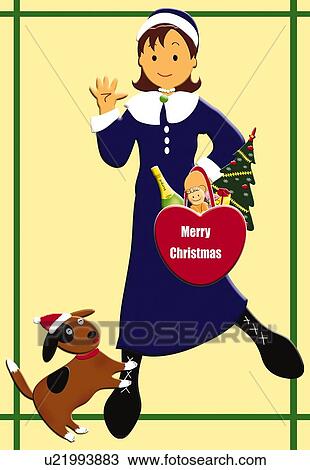 Drawing - Painting of young woman dressed up for Christmas with dog, Illustration. Fotosearch