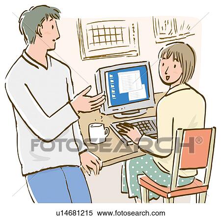 男話し へ 女性が平机に座る で コンピュータ イラスト