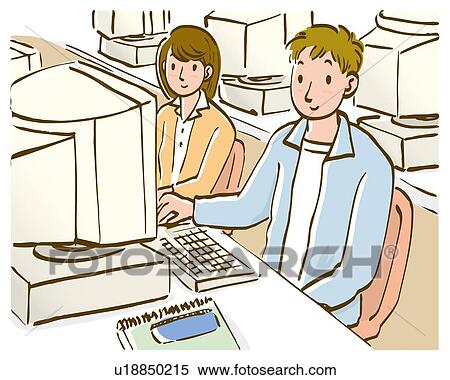 若者 そして 女性が平机に座る で パーソナルコンピュータ