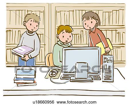３人の子供たち コンピュータを見ること モニター 中に 図書館 イラスト U Fotosearch