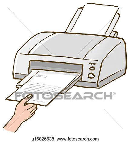 Stock Illustration - A person holding a paper on printer, close up, high angle view. Fotosearch