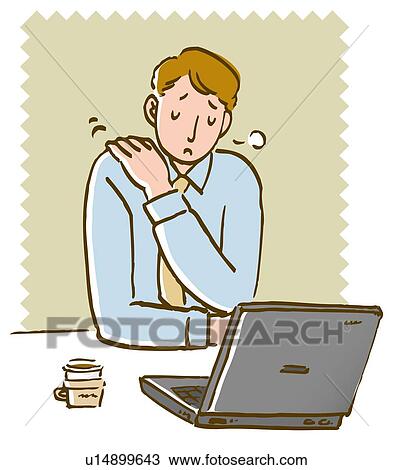Drawing - Businessman sitting at desk and putting hand on his shoulder, front view. Fotosearch