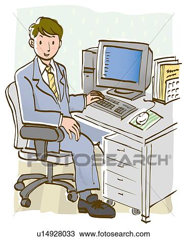 Businessman sitting at desk with computer, side view View Large Illustration Drawing - Businessman sitting at desk with computer, side view. Fotosearch
