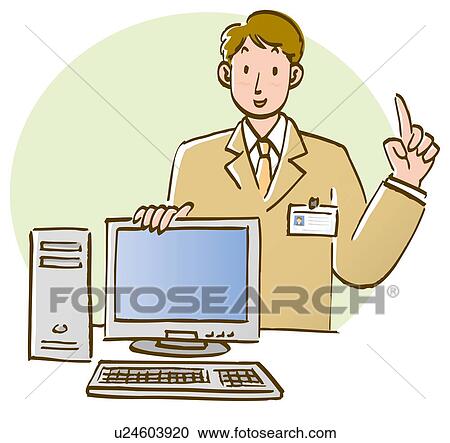 Businessman standing behind table with computer and explaining about computer, front view View Large Illustration Clipart - Businessman standing behind table with computer and explaining about computer, front view. Fotosearch