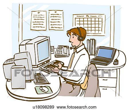 Stock Illustration - Businessman typing and sitting at desk, side view. Fotosearch