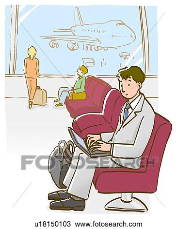 Drawing - Businessman using laptop on his thighs, sitting on seat in airport, side view. Fotosearch
