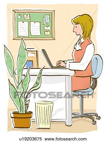 Stock Illustration - Businesswoman sitting at desk and using laptop, side view. Fotosearch
