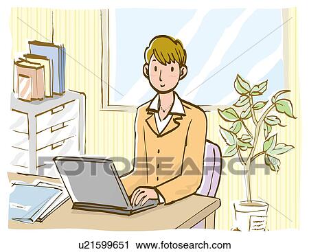 Businesswoman Sitting At Desk With Computer Front View Clip Art