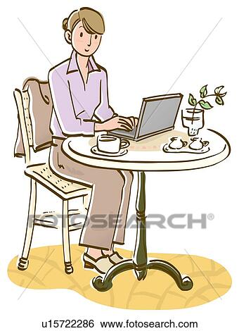 Stock Illustration - Businesswoman using laptop and sitting at table in cafe, front view. Fotosearch