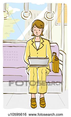 Stock Illustration - Businesswoman using laptop on her thighs, sitting on seat in train, front view. Fotosearch