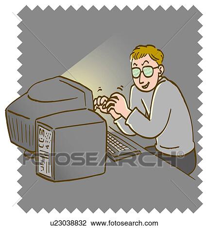 Drawing - Computer hacker using computer in dark, high angle view. Fotosearch