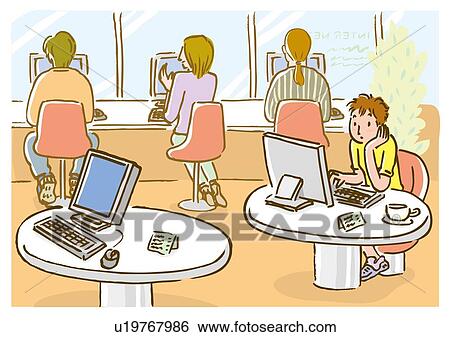 Stock Illustration - Four people in internet cafe, sitting at table, high angle view. Fotosearch