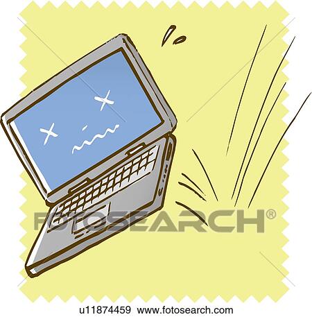 Stock Illustration - Laptop fell down and clashing on the floor, front view. Fotosearch