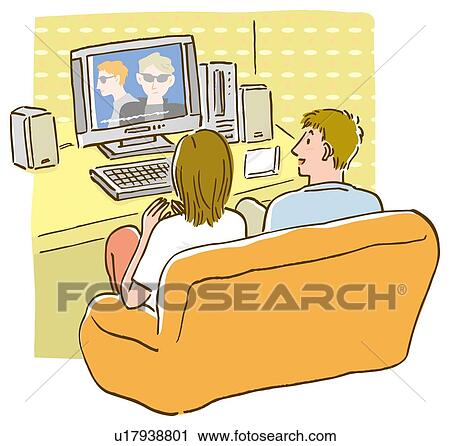 Man and woman watching movie by computer monitor, sitting on couch, high angle view View Large Illustration Clip Art - Man and woman watching movie by computer monitor, sitting on couch, high angle view. Fotosearch