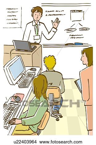 Stock Illustration - Man explaining people using white board. Fotosearch