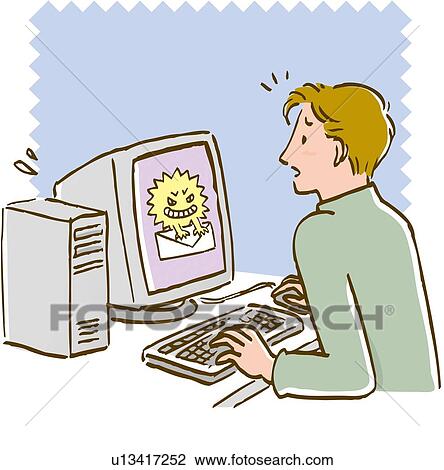 Man having trouble with computer bugs, side view View Large Illustration Drawing - Man having trouble with computer bugs, side view. Fotosearch