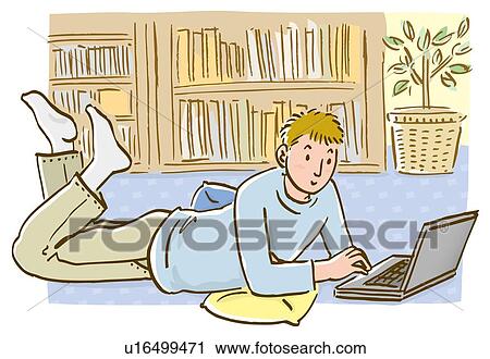 Clip Art - Man lying on stomach and using laptop, side view. Fotosearch