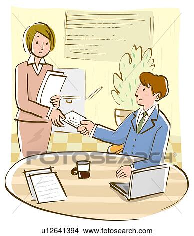 Stock Illustration - Man passing CD to woman, sitting at table with laptop, high angle view. Fotosearch