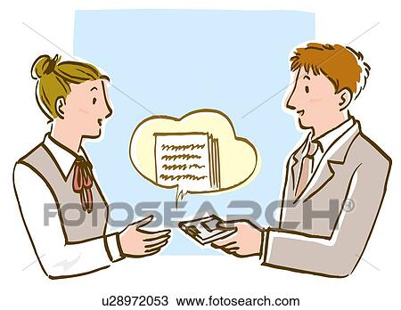 Drawing - Man passing floppy disk to woman, side view. Fotosearch