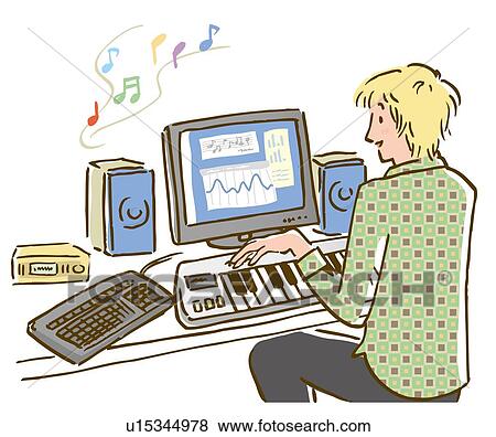 Stock Illustration - Man playing and making music using computer, rear view. Fotosearch