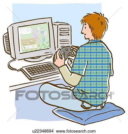 Stock Illustration - Man playing computer game, rear view. Fotosearch
