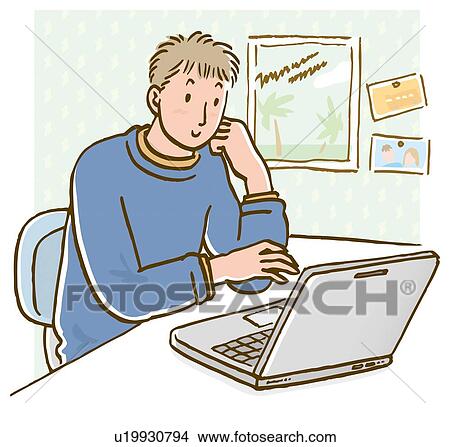 Stock Illustration - Man sitting at desk and using laptop, front view. Fotosearch