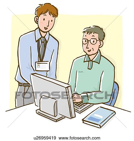Man talking to mature man sitting at desk with computer, high angle view View Large Illustration Stock Illustration - Man talking to mature man sitting at desk with computer, high angle view. Fotosearch