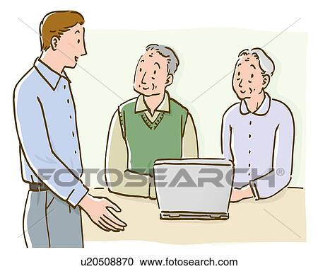 Clipart - Man talking to senior couple sitting at desk with computer. Fotosearch