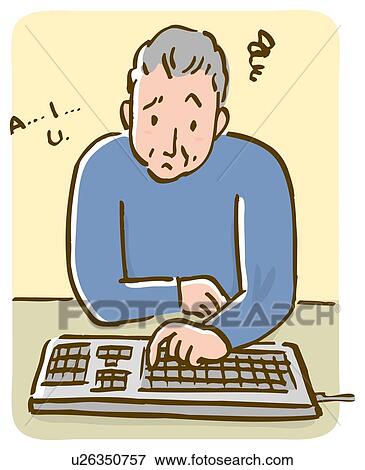 Mature man having trouble with computer keyboard, touching keyboard with finger, high angle view View Large Illustration Stock Illustration - Mature man having trouble with computer keyboard, touching keyboard with finger, high angle view. Fotosearch