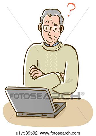 Mature man having trouble with computer, crossing arms, front view View Large Illustration Drawing - Mature man having trouble with computer, crossing arms, front view. Fotosearch
