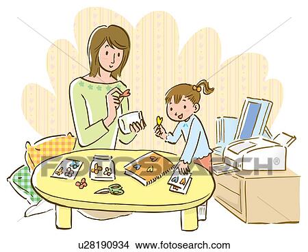 Stock Illustration - Mother and daughter putting stickers on bottle and notebook. Fotosearch